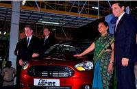 Anandiben Patel, chief minister of Gujarat, and Ford Motor Co president and CEO Mark Fields at the unveiling of the Ford Figo Aspire.