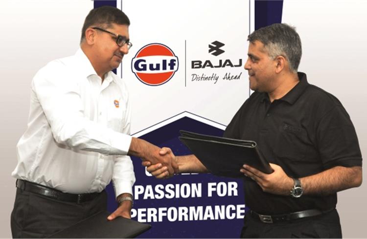 L-R: Ravi Chawla, MD, Gulf Oil Lubricants India and Eric Vas, president, Motorcycle Business at Bajaj Auto
