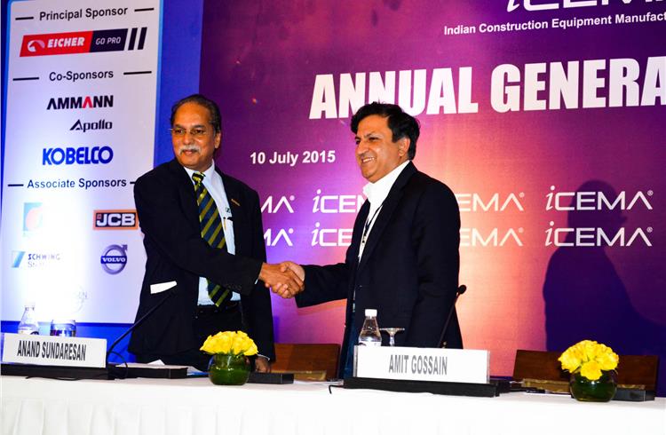 Anand Sundaresan, VC & MD, Schwing Stetter taking office as president of ICEMA from Amit Gossain of JCB India.