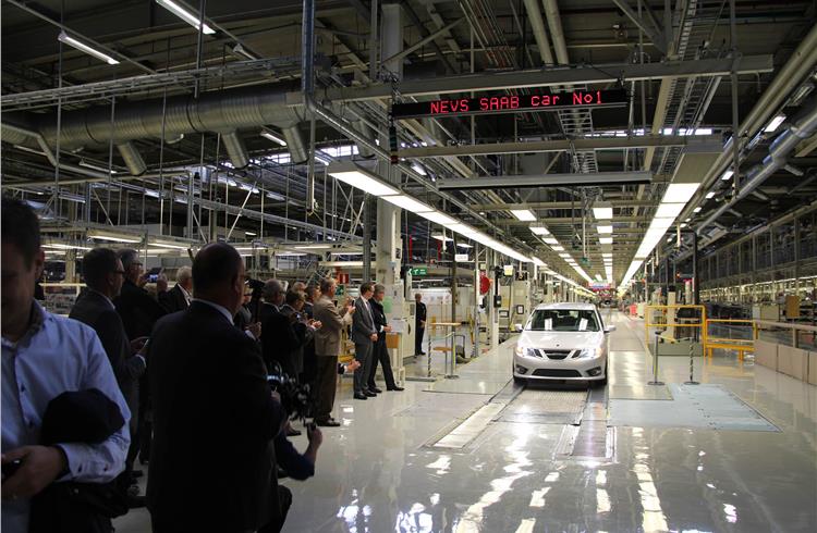 NEVS' first Saab 9-3 car rolls out of the assembly line in September last year. Production came to a halt in May 2014.