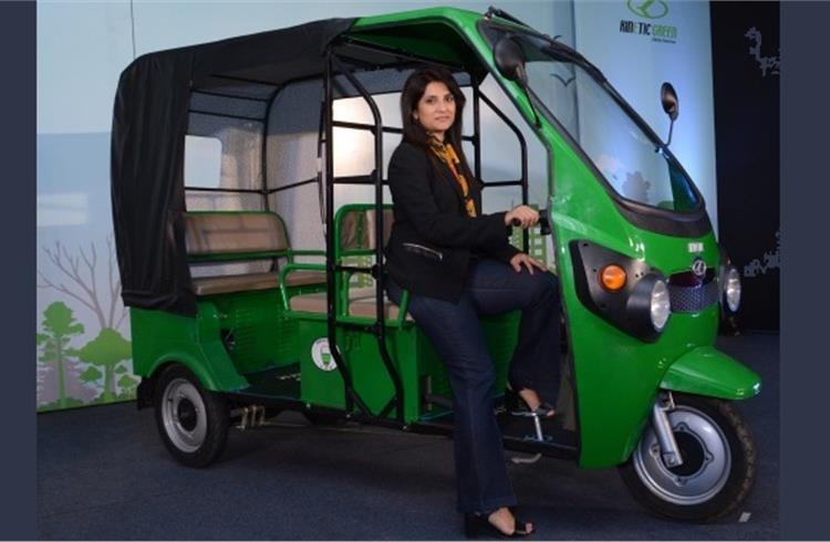 Sulajja Firodia, founder and CEO of Kinetic Green Energy & Power Solutions with the 'Kinetic Safar.'