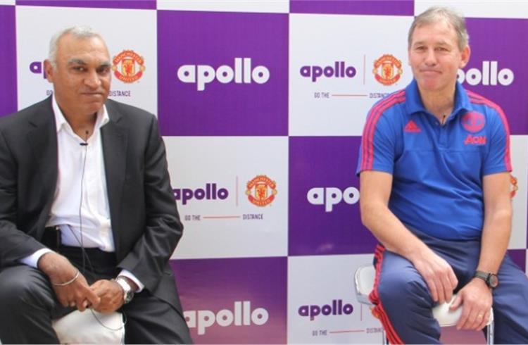 Satish Sharma, president, APMEA, Apollo Tyres with ex-English footballer Bryan Robson at the inauguration of the pitch.