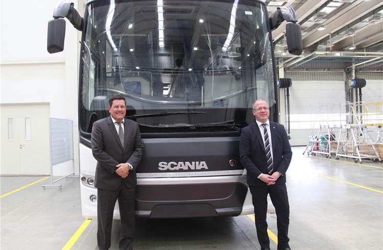 Anders Grundströmer, MD, Scania India and senior VP, Scania Group, along with Martin Lundstedt, president and CEO, Scania CV, at the plant opening today in Bangalore.