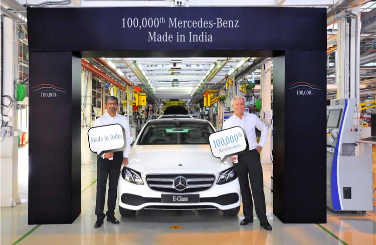 L-R: Piyush Arora, executive director, Operations, Mercedes-Benz India with Roland Folger, managing director and CEO, Mercedes-Benz India rolling out the 100,000th Mercedes-Benz E-Class from the Chaka