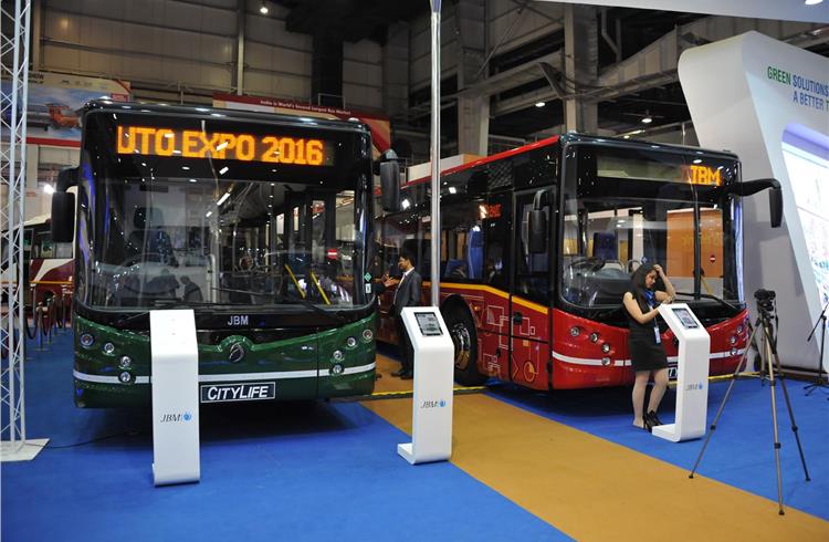 The all-electric Solaris bus (left) along with the Citylife ultra-low-floor CNG bus for intra-city travel.