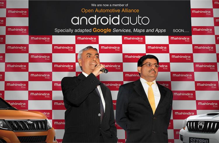 Pravin Shah, president and chief executive (Automotive), Mahindra & Mahindra, and Srinivas Aravapalli, VP (Product Development), announce the company's entry into the Open Automotive Alliance.