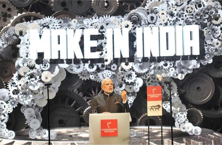 File photo of prime minister Narendra Modi speaking at the Hannover Messe last year. Image: PIB