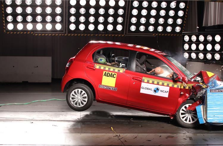 The Etios Liva scored a 4-star rating in the 64kph frontal crash, was certified as stable and as offering good overall protection for adult passengers. It scored three stars in child safety, where Toy