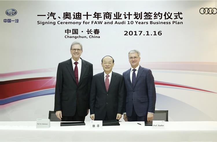 The signing ceremony for FAW and Audi 10 Years Business Plan by Prof. Dr. Jochem Heizmann, president Volkswagen Group China; Xu Ping, president FAW Group and Prof. Rupert Stadler, chairman of the Boar