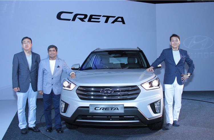 L-R: YJ Ahn, executive director (sales and marketing); Rakesh Srivastava, senior VP (sales and marketing),  B S Seo, MD & CEO, Hyundai Motor India, at the Creta launch in New Delhi.