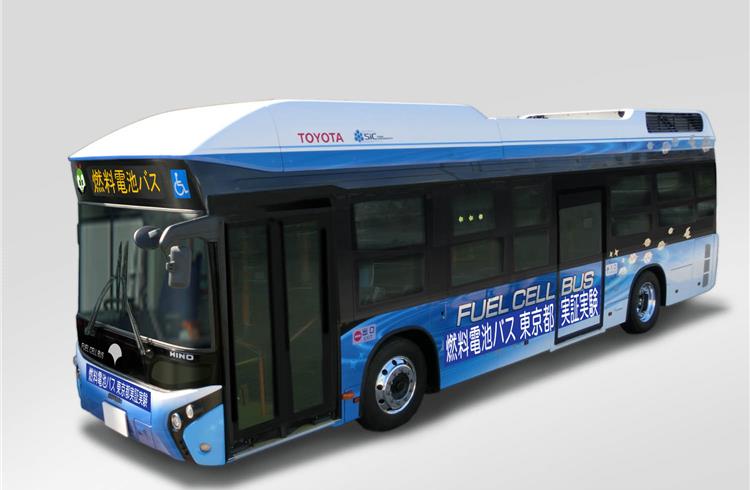 The fuel cell bus, developed jointly by Toyota and Hino, is based on a Hino hybrid non-step bus and is equipped with the Toyota Fuel Cell System developed for the Mirai sedan.