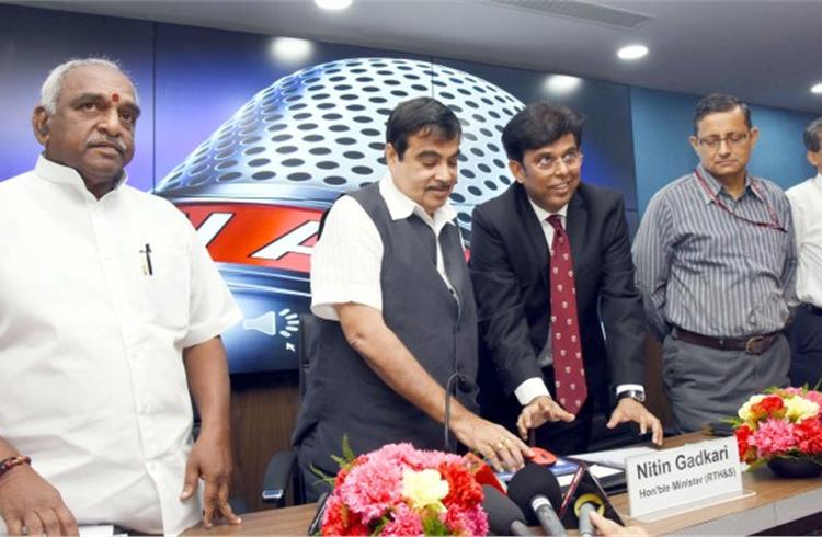 The union minister for Road Transport & Highways and Shipping, Nitin Gadkari launching the ‘Highway Advisory Services’ along with minister of state, P Radhakrishnan and secretary, Sanjay Mitra from Mo