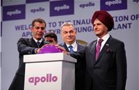 The prime minister of Hungary, Viktor Orban (centre) flanked by Onkar Kanwar, chairman and Neeraj Kanwar, vice-chairman and MD, Apollo Tyres, officially start production at the new plant.