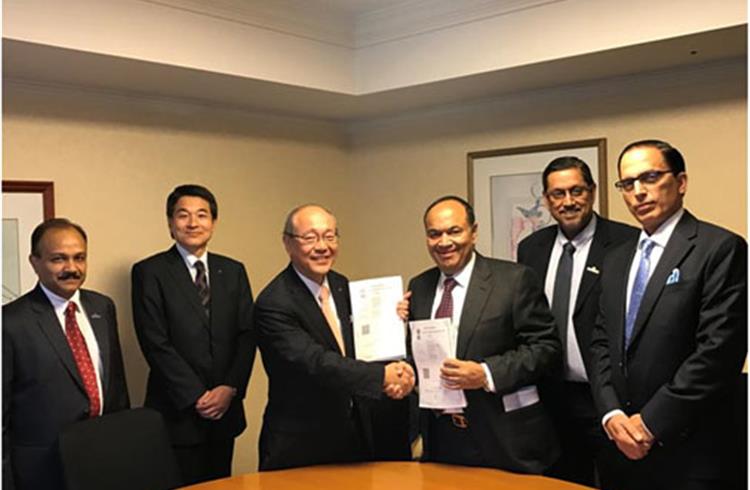 The Minda Katolec Services JV was inked on February 22, 2017. Seen here are NK Minda, chairman and MD, UNO Minda Group and Eisuke Kato, president, Katolec Corporation, along with JK Menon, Ravi Mehra 