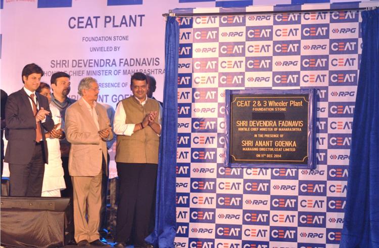 Devendra Fadnavis, chief minister of Maharashtra; State industries minister Subhash  Desai and Anant Goenka, MD, Ceat, at the foundation stone laying ceremony of the new plant in Nagpur.