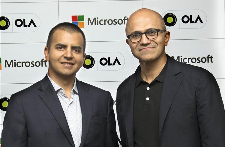 L-R: Ola's Bhavish Aggarwal and Microsoft's Satya Nadella.