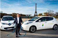 CEO Carlos Ghosn with the Renault Zoe and Nissan Leaf electric cars. Photo: Philippe Petit