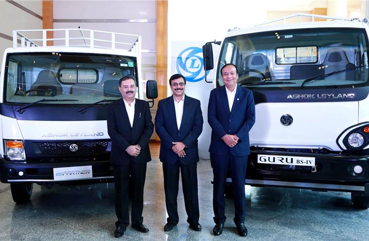 L-R: Nitin Seth, president – LCVs; Vinod Dasari, MD and CEO; and Anuj Kathuria, president – Global Trucks, Ashok Leyland, with the new Guru and Partner.