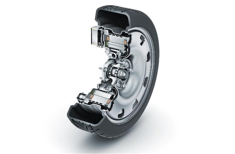 In E-Wheel Drive, all components required for drive, deceleration, and driving safety are contained within the wheel rim.