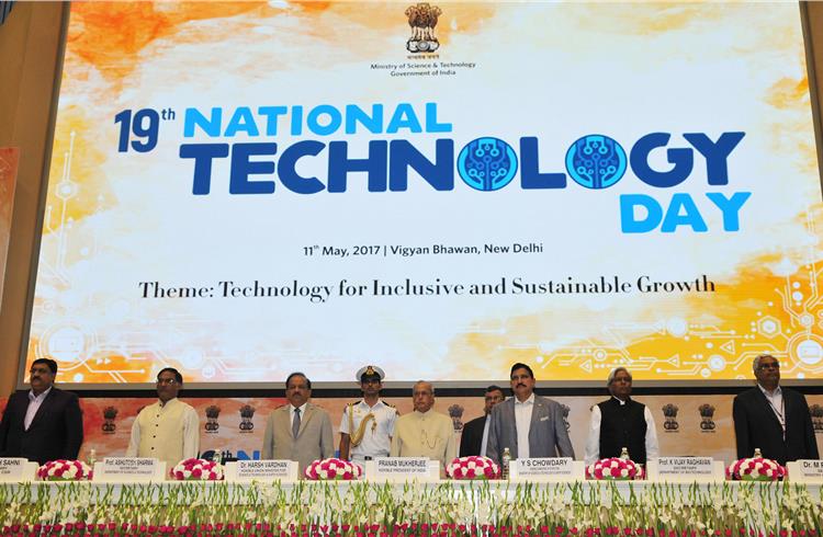 The President of India, Pranab Mukherjee at the 19th National Technology Day celebrations, in New Delhi on May 11. Also seen are Union Minister for Science & Technology and Earth Sciences, Dr. Harsh V