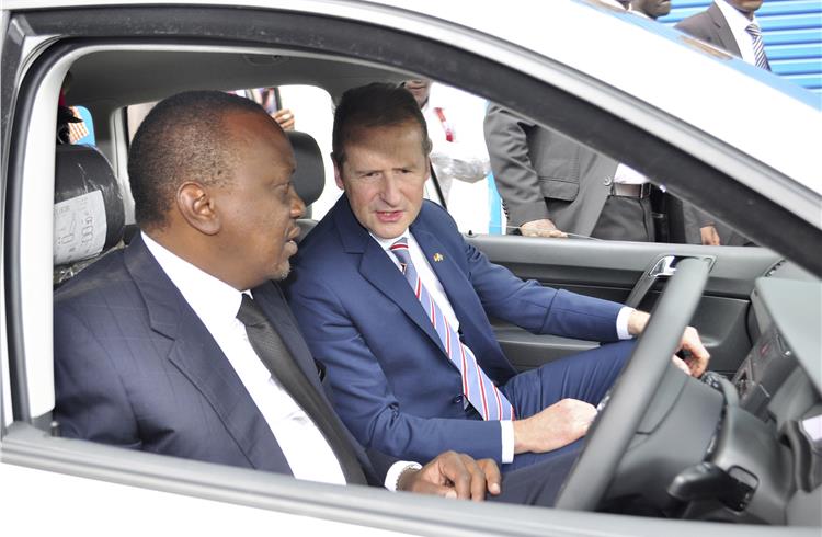 Kenya's president Uhuru Kenyatta and Volkswagen CEO Dr. Herbert Diess officially open vehicle production facility in Kenya with the first locally produced Polo Vivo.