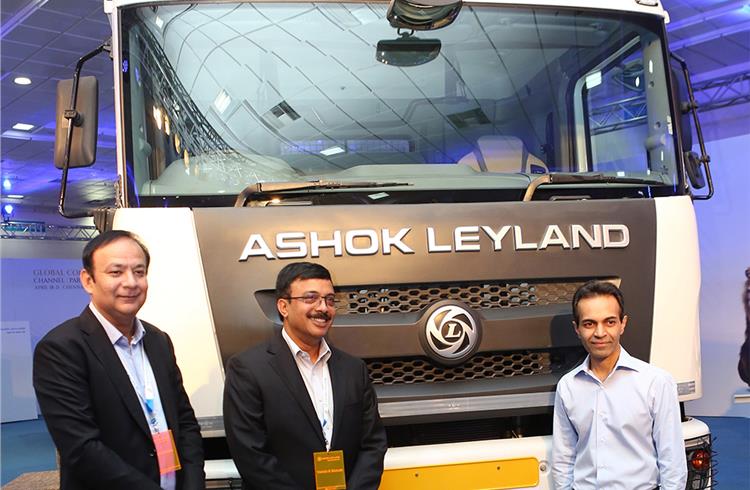 L-R: Anuj Kathuria, president, Global Trucks, Ashok Leyland; Vinod K Dasari, managing director, Ashok Leyland; Dheeraj G Hinduja, chairman, Ashok Leyland.