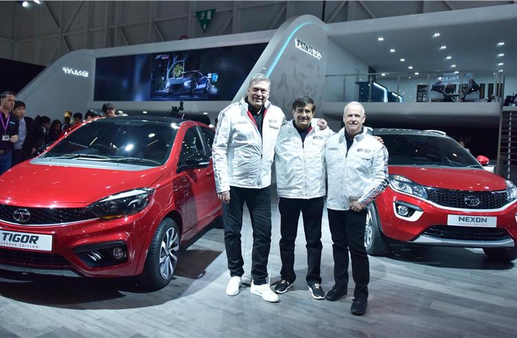 L-R: Guenter Butschek, CEO & MD, Tata Motors; Dr Tim Leverton, Head – Advanced and Product Engineering, and Mayank Pareek, President, Passenger Vehicle Business Unit, with the Tigor and Nexon Geneva e