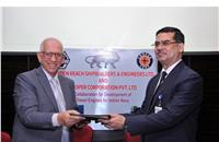 Farrokh N. Cooper, chairman and managing director, Cooper Corporation and Sri Sarvjit Singh Dogra, director finance, GRSE exchanging the MoU, signed for a joint collaboration.