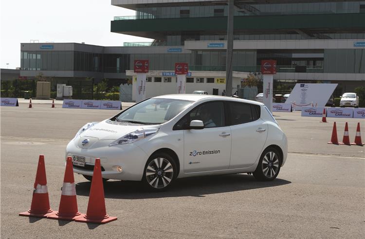 Electric cars can also be exciting. The Leaf, seen here taking some slalom turns at the Buddh International Circuit in Greater Noida, is surprisingly nimble and also peppy to drive.