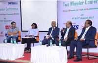 L-R: Bosch India's Prashanth A, Ampere Vehicles'  Hemalatha Annamalai, TVS' Vinay Harne, HMSI's Suraj Agarwal and ANSYS’ Guruprasad at the panel discussion.