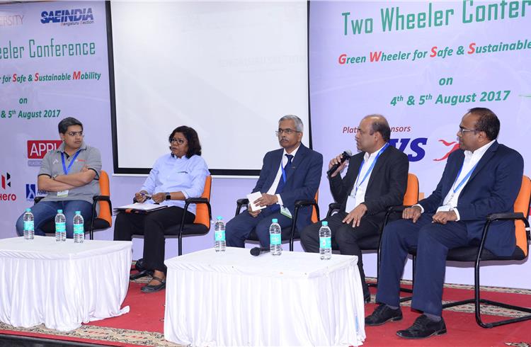 L-R: Bosch India's Prashanth A, Ampere Vehicles'  Hemalatha Annamalai, TVS' Vinay Harne, HMSI's Suraj Agarwal and ANSYS’ Guruprasad at the panel discussion.