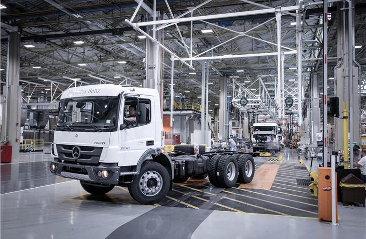 A Mercedes-Benz Atego 2730 leaves the new assembly line in the Brasilian plant Sao bernardo do Campo (Sao Paulo).