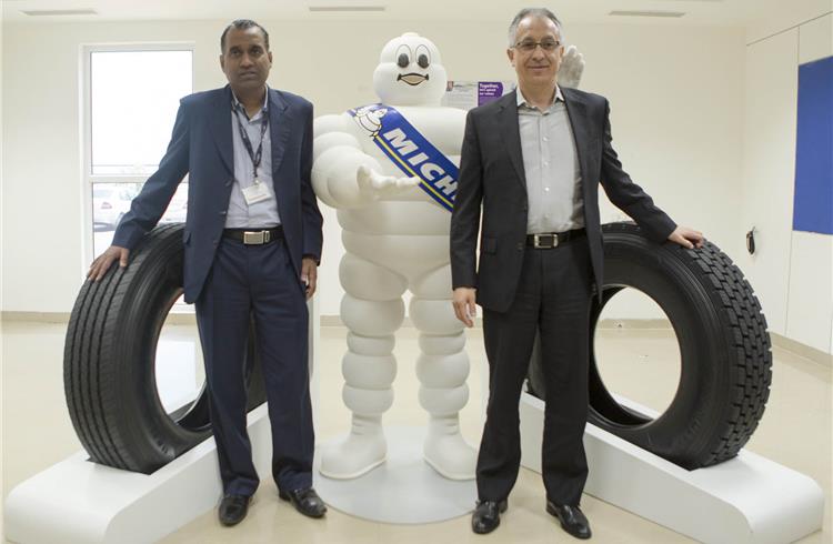 L-R: Mohan Kumar, commercial director, Michelin India, and Nour Bouhassoun, chairman and president, Africa, India and Middle East, Michelin, launch the XR Multi tubeless radial truck tyre.