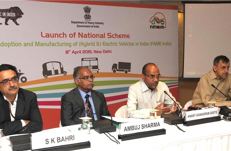 Anant Geete, the Union Minister for Heavy Industries and Public Enterprises, addressing the launch of the national “Faster Adoption and Manufacturing of Hybrid & Electronic Vehicles” (FAME) scheme in 