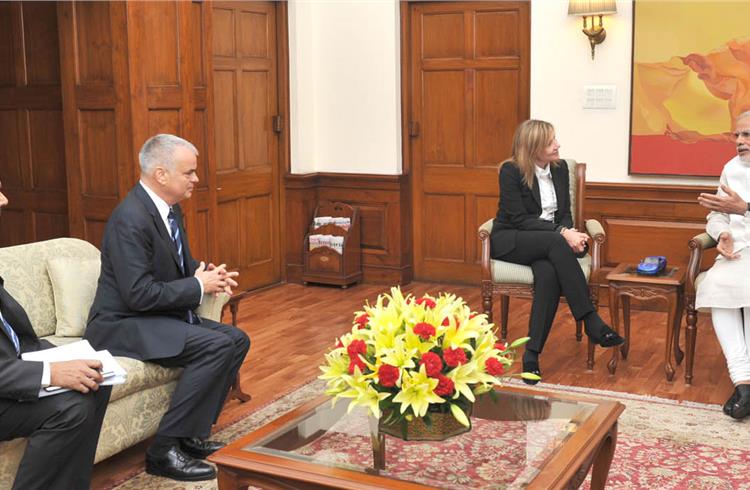 R-L: Prime minister Narendra Modi; Mary Barra, CEO, General Motors; Stefan Jacoby, executive VP, General Motors &  president, General Motors International; and Arvind Saxena, President and MD of Gener