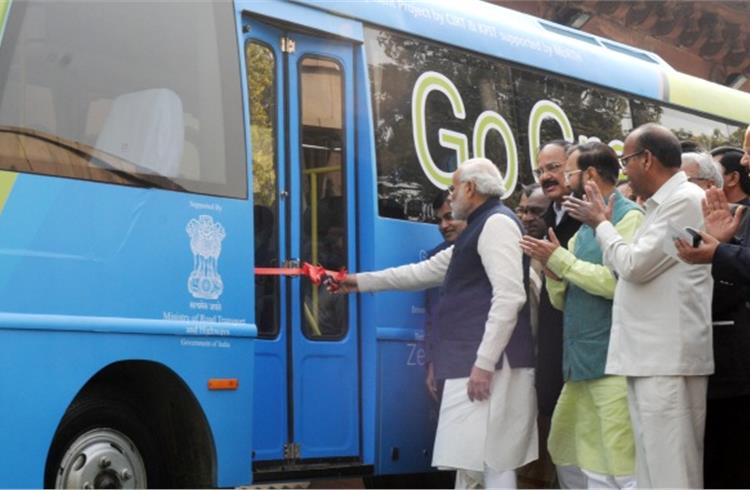 Prime minister Narendra Modi at a function showcasing a retrofitted electric bus at Parliament House, in New Delhi on December 21. Photo courtesy: Press Information Bureau