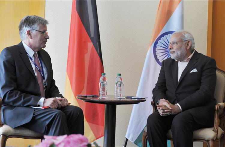 Prime minister Narendra Modi meets Dr. Hubert Lienhard, president and CEO of Voith GmbH.