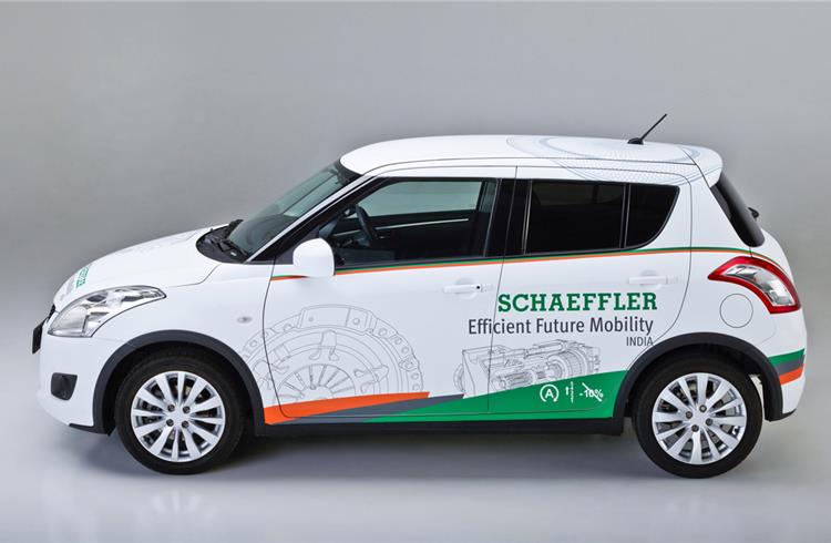 Schaeffler’s Efficient Future Mobility India concept vehicle is based on an economical small car with a manual transmission that has widespread distribution there.