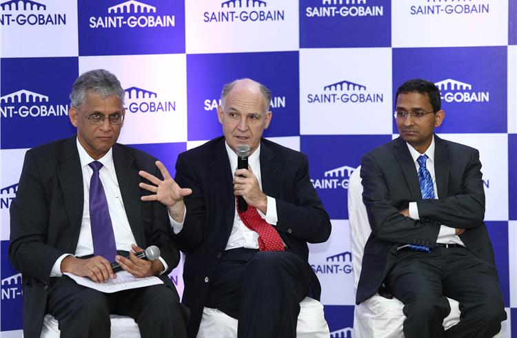 L-R: Anand Mahajan, general delegate, Saint-Gobain - India, Sri Lanka and Bangladesh; Pierre-André De Chalendar, Chairman and CEO, Saint-Gobain; and Anand Tanikella, director, Saint-Gobain Research In