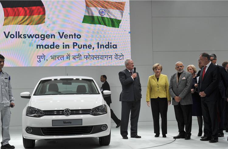 Prof. Dr. Martin Winterkorn, Volkswagen CEO, showcases a Made-In-India Vento.