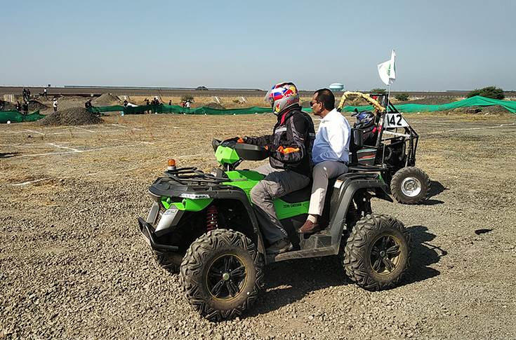 Pawan Goenka on the the electric ATV at the Bajaj SAE India event in Pithampur