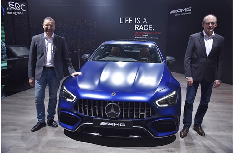 L-R: Martin Schwenk, MD and CEO, Mercedes-Benz India and Matthias Luehers, Head Region Overseas, Mercedes-Benz Cars with the New AMG GT 63 S 4 door coupe.