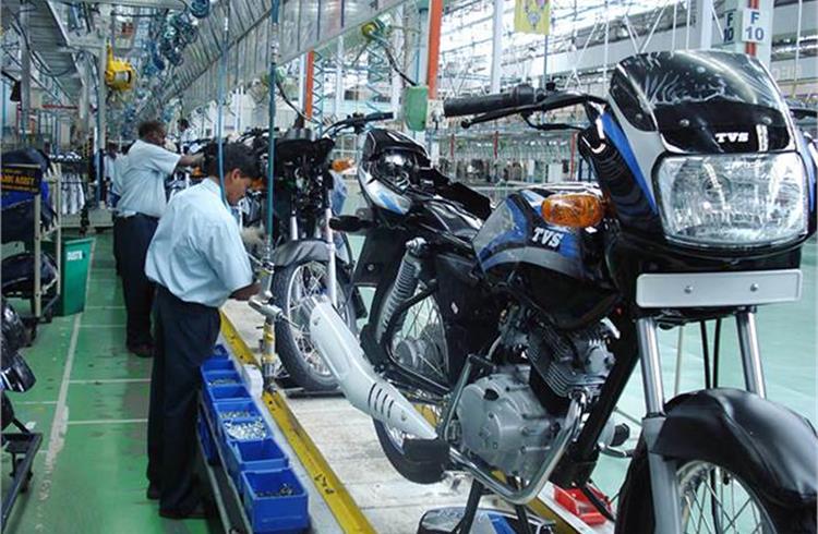 File photograph of a production line at a TVS Motor Co plant.