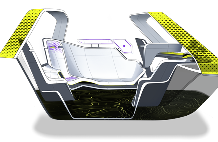 The interior layout defines two functional areas: the first is dedicated to the driver, in a more central position compared to the traditional layout of a car; the second, in the back, is reserved for 5 passengers, with a lounge couch configuration.
