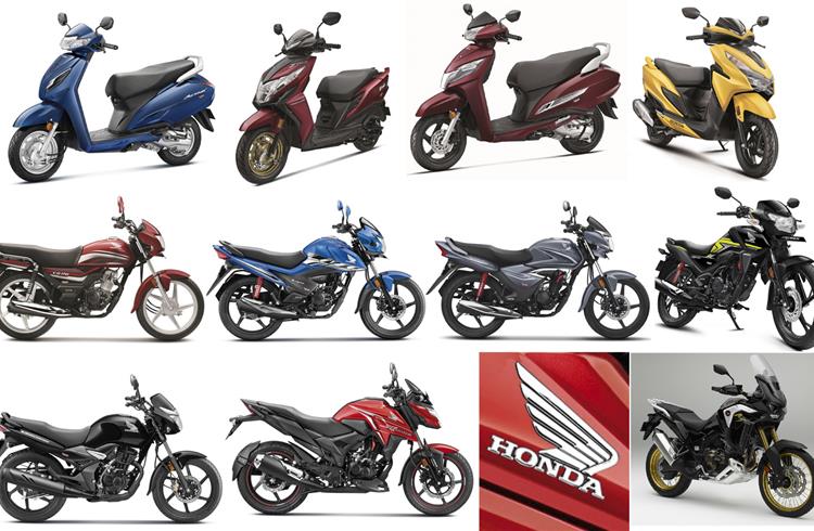 L-R: Activa 6G, Dio, Activa 125, Grazia 125 (first row). 110cc CD Dream and Livo, 125cc Shine and SP 125 (second row), 160cc Unicorn, X-Blade and 1100cc Africa Twin Adventure Sports (third row).