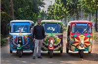 Jeevan L Xavier seen with the autorickshaws he clad in designs that prefigured the Aakaar range