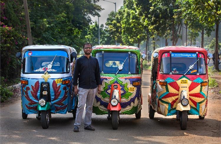 Jeevan L Xavier seen with the autorickshaws he clad in designs that prefigured the Aakaar range