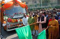 Suresh Kumar Khanna, minister of Urban Development and Sanjyukta Bhatia, mayor, Lucknow flags off Tata Motors electric bus