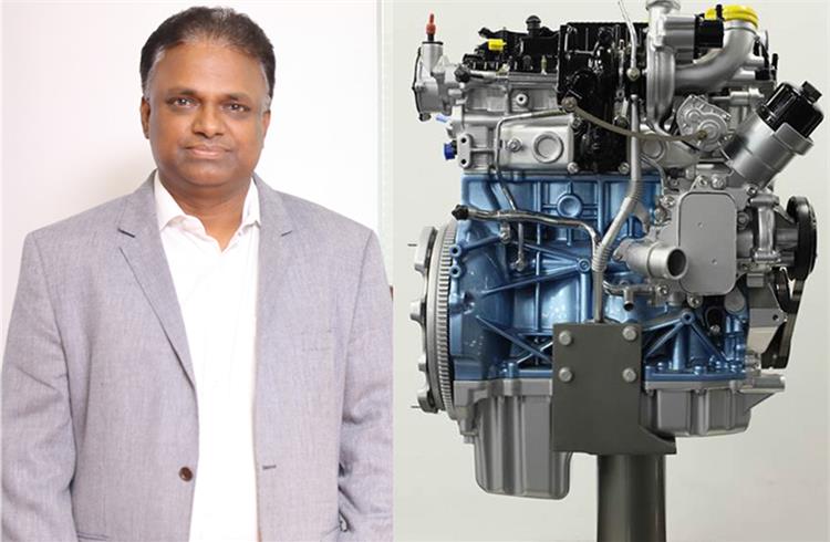 R Velusamy, Chief of Global Product Development (Automotive). M&M; the all-new 190hp 2.0-litre direct-injection turbo-petrol engine revealed at Auto Expo 2020.