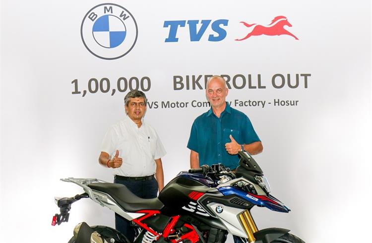 L-R: KN Radhakrishnan, director & CEO, TVS Motor Co and Rainer Baumel, head - Products, 1-, 2-Cylinder and Urban Mobility, BMW Motorrad with the 100,000 BMW motorcycle rolled out from the Hosur plant.